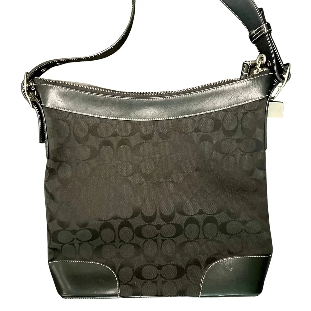 Coach Signature Jacquard Crossbody Shoulder Bag Black Leather Trim Style 6840